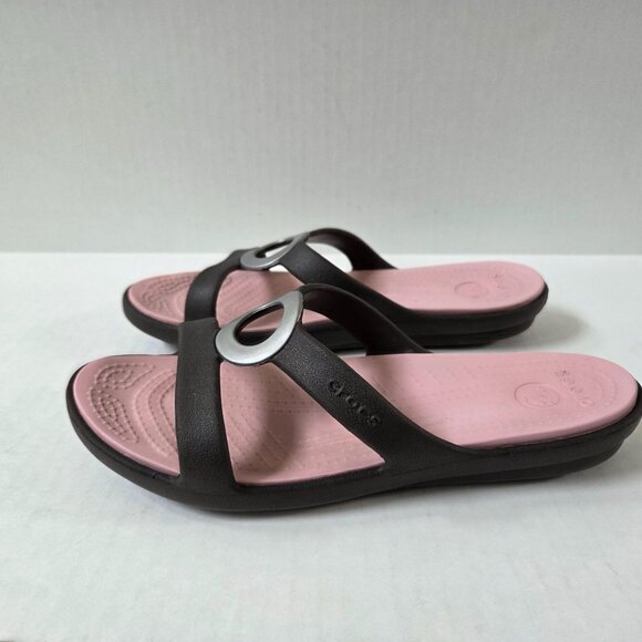 Crocs Sanrah Circle Slides Womens 6 Brown Pink Slip On Sandals - Picture 3 of 9